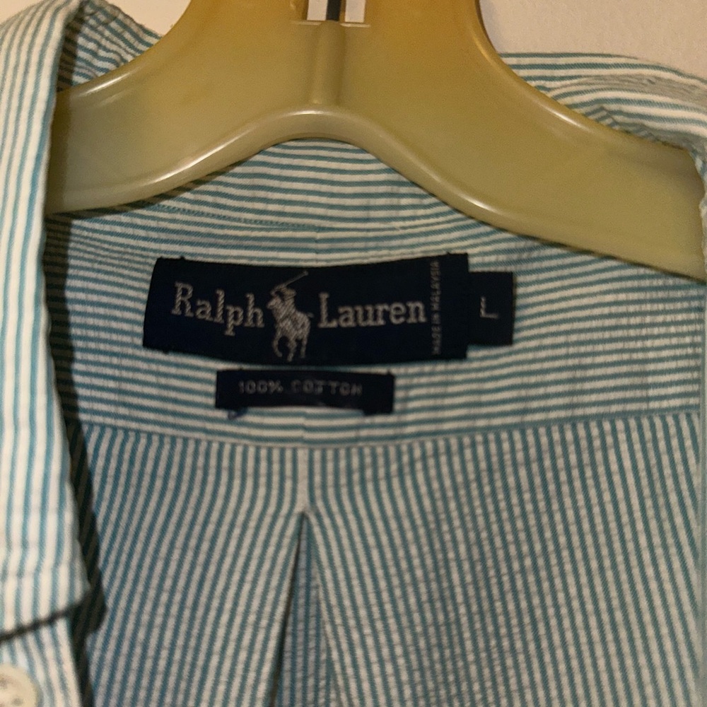 Mens Polo Ralph Lauren Short Sleeve Seersucker Green White Button Shirt SS large - Picture 2 of 9